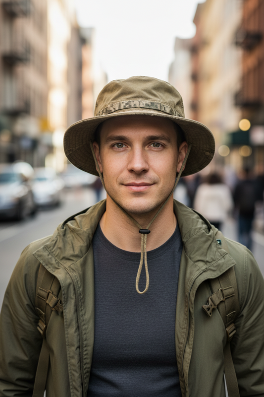 Brown bucket hat with camouflage band on a white background