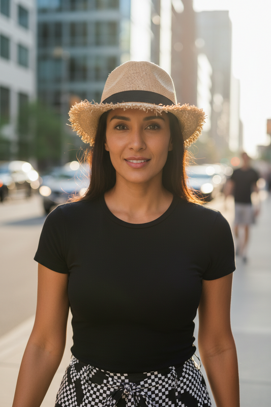 Beige straw hat with a black band on a white background