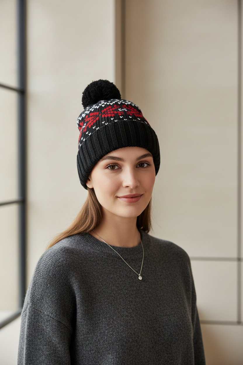 Snowflake Pom-Pom Stocking Cap | Warm Knit Hat