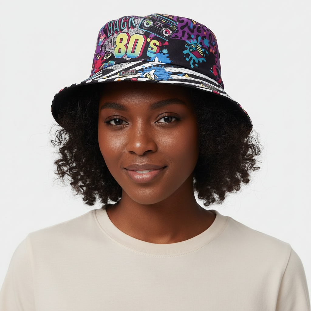 Colorful bucket hat with 80s-themed designs on a plain background