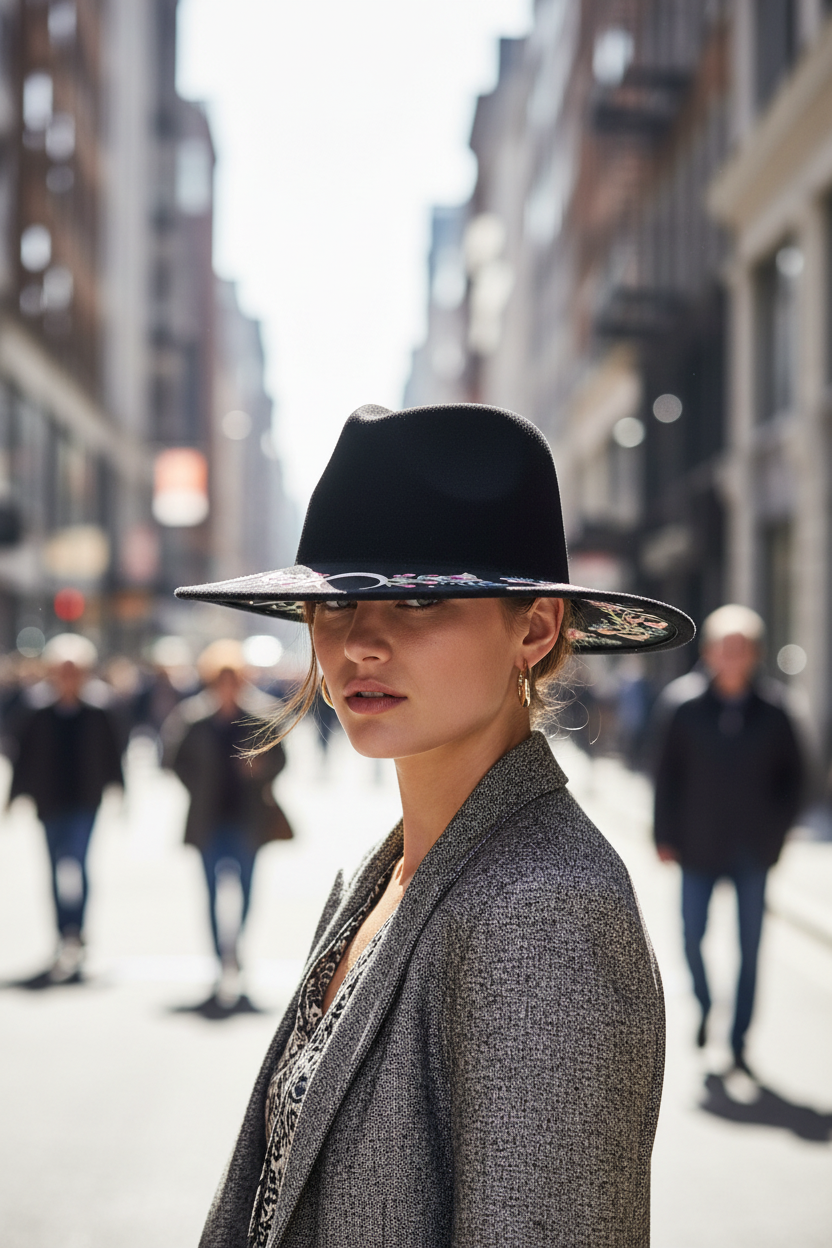 Black hat with floral embroidery on a white background