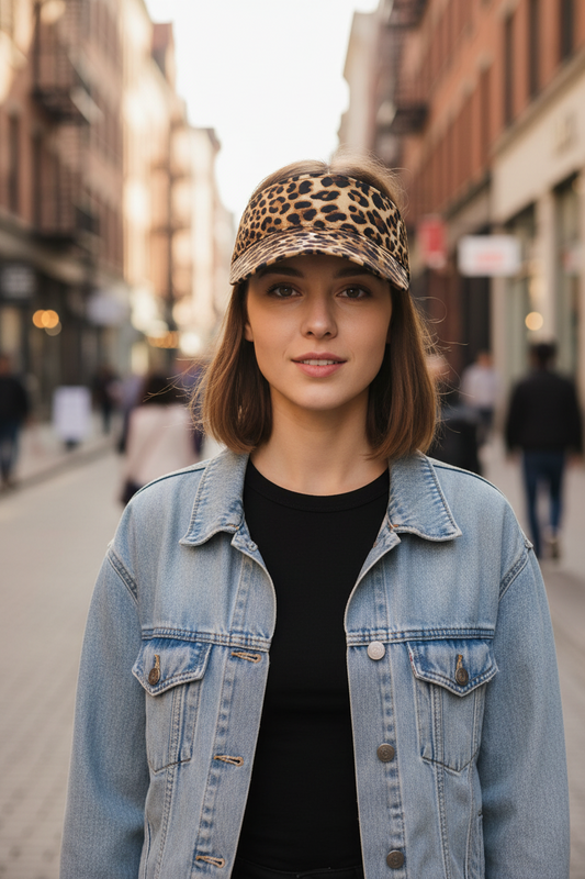 Leopard print visor on a white background