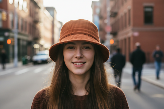 Brown bucket hat on a light gray background