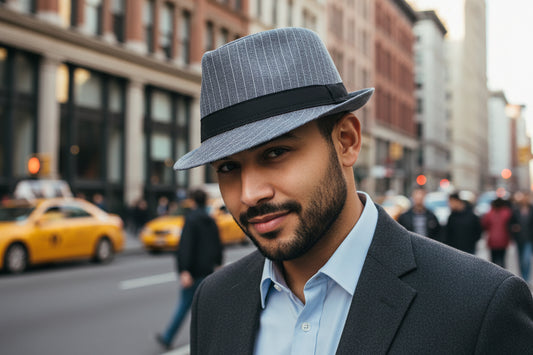 Gray pinstripe fedora hat with a black band on a white background