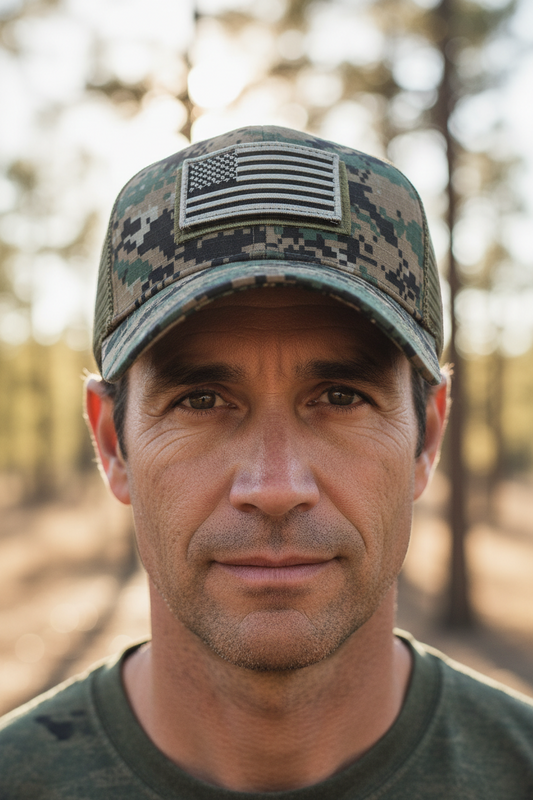 Camouflage baseball cap with American flag patch on a white background