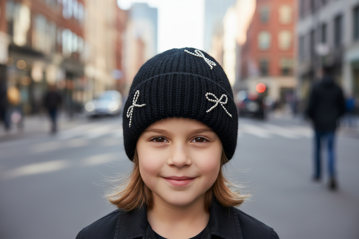 Black knit beanie with silver bow embellishments on a white background