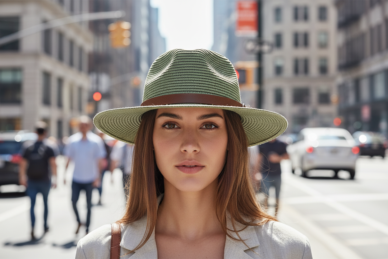 Green straw hat with a brown band on a white background