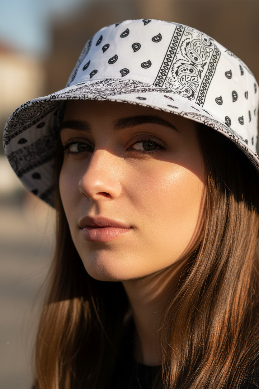 White bucket hat with black paisley pattern on a white background