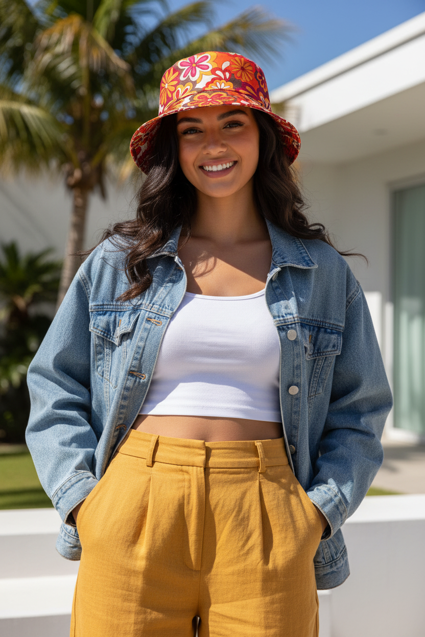 Floral Bucket Hat – Retro Polyester Sun Protection