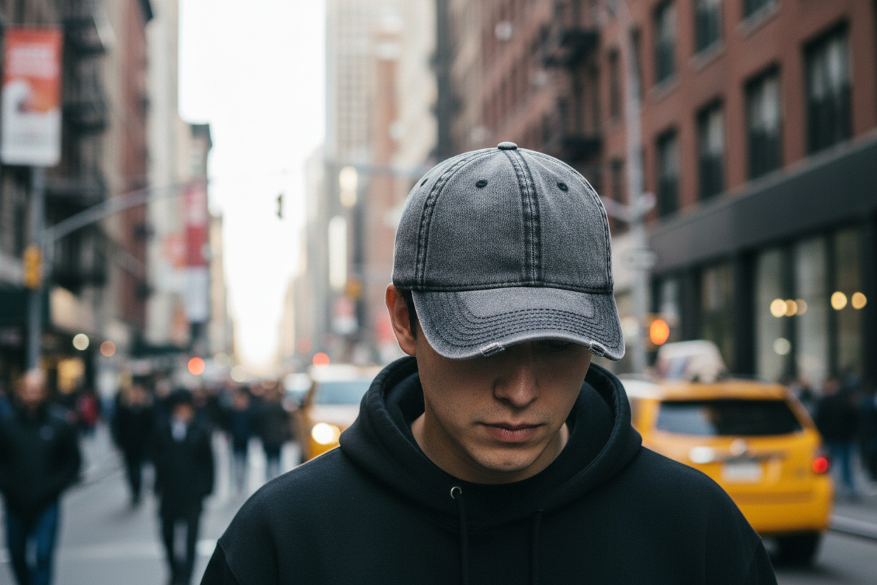 Gray denim cap on a white background