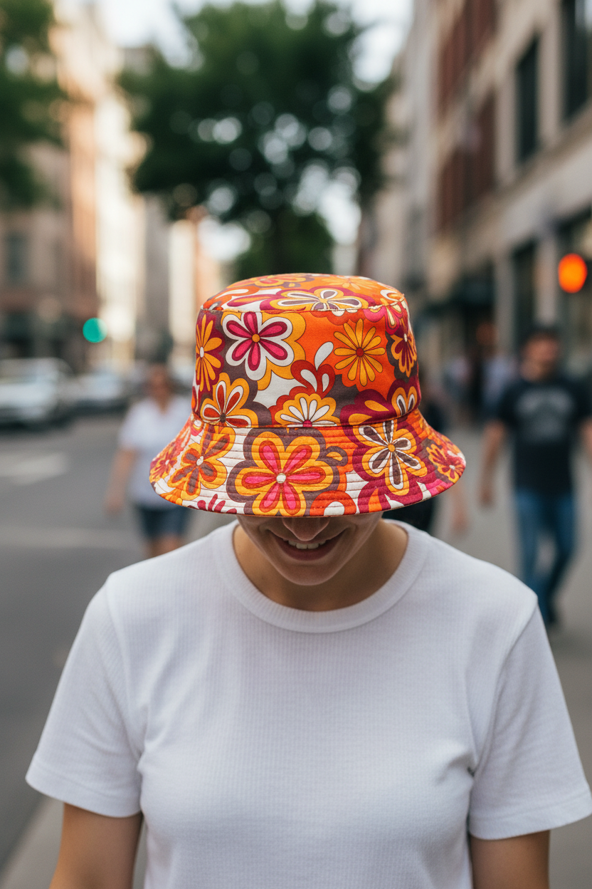 Colorful floral-patterned bucket hat on a white background