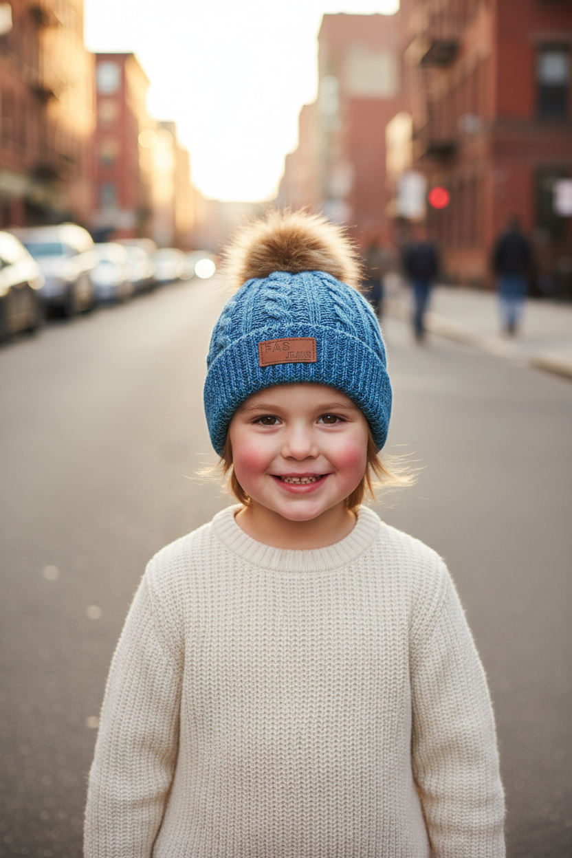 Blue knit hat with pom-pom and matching gloves on a white background