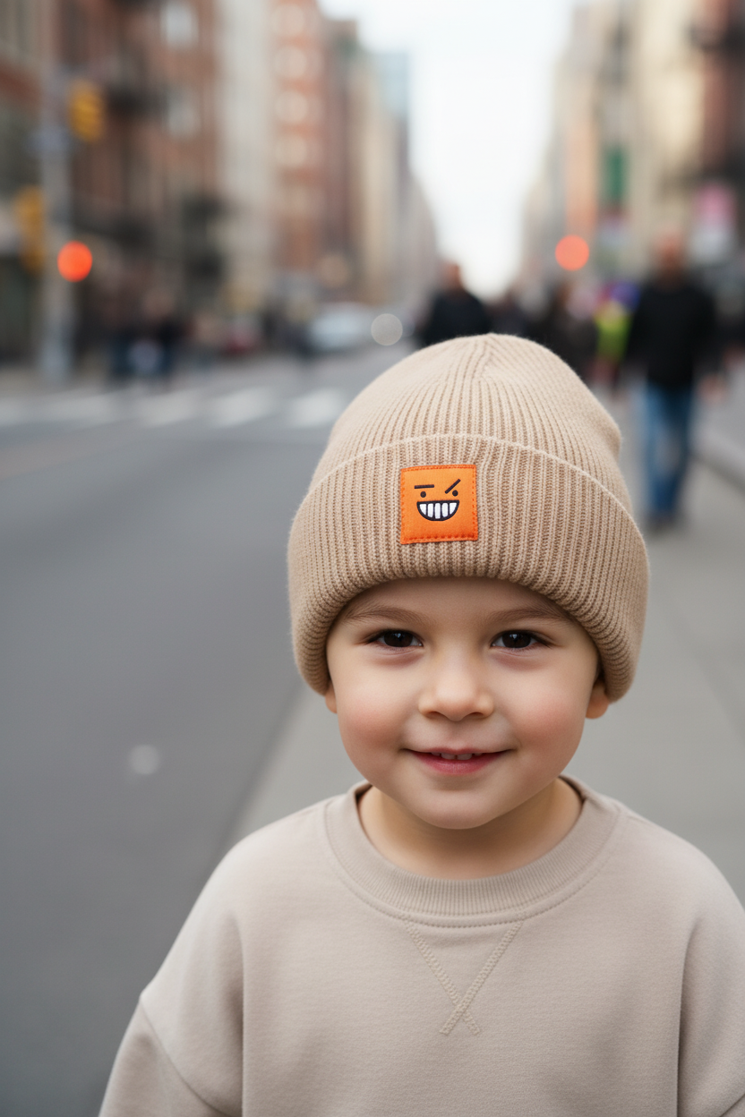 A collection of knitted hats for children displayed on a surface, coming in various colors including yellow, purple, beige, blue, black, and white, each with a cute emotional label on the front.