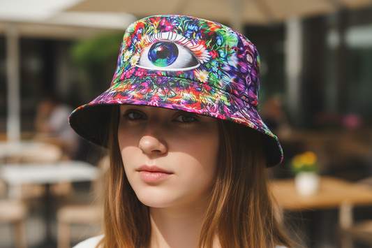 Two colorful bucket hats with eye patterns in vibrant shades on a white background.