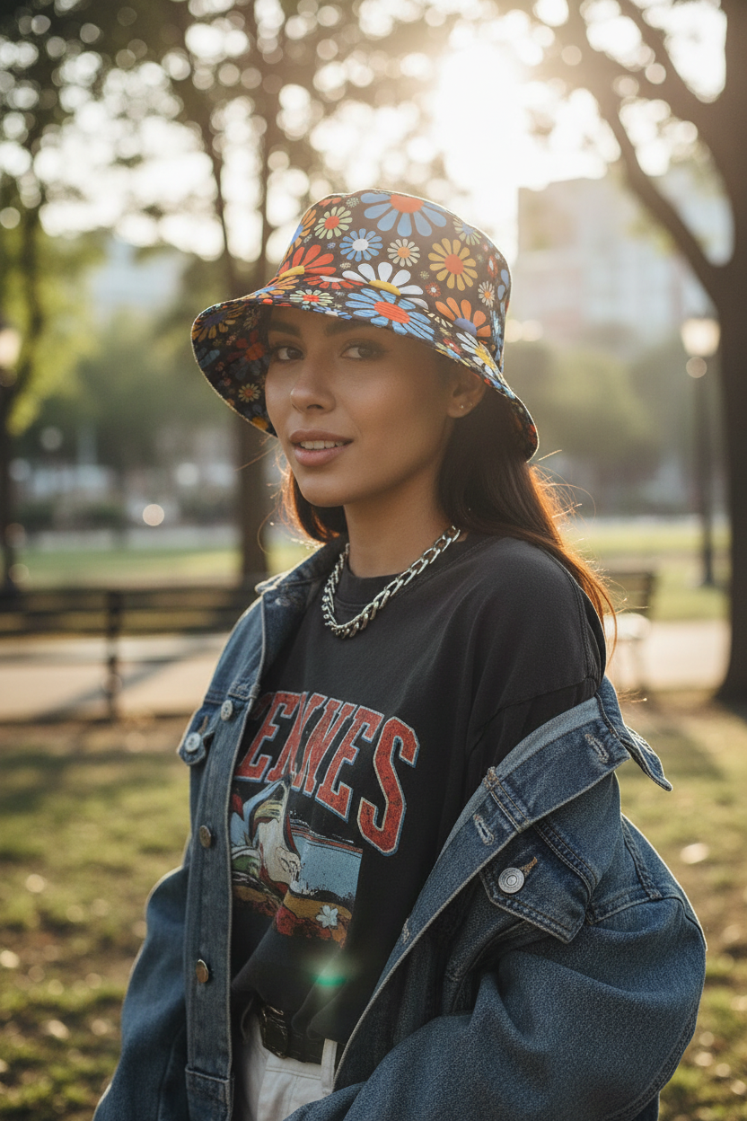 Floral Double Sided Bucket Hat – Retro Polyester
