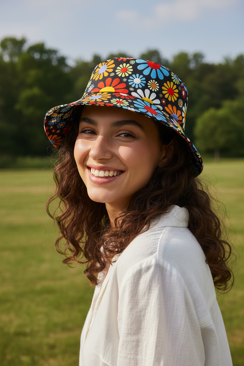Floral Double Sided Bucket Hat – Retro Polyester