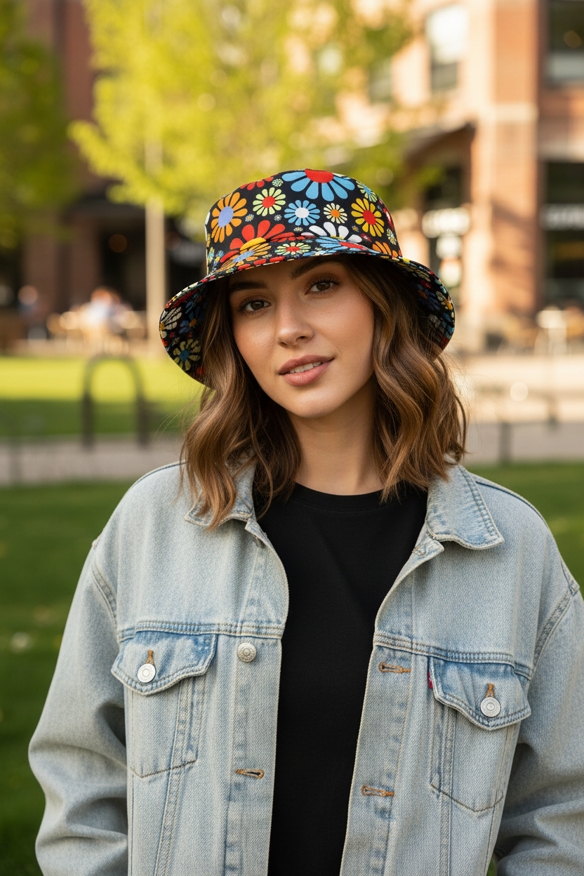 Floral Double Sided Bucket Hat – Retro Polyester