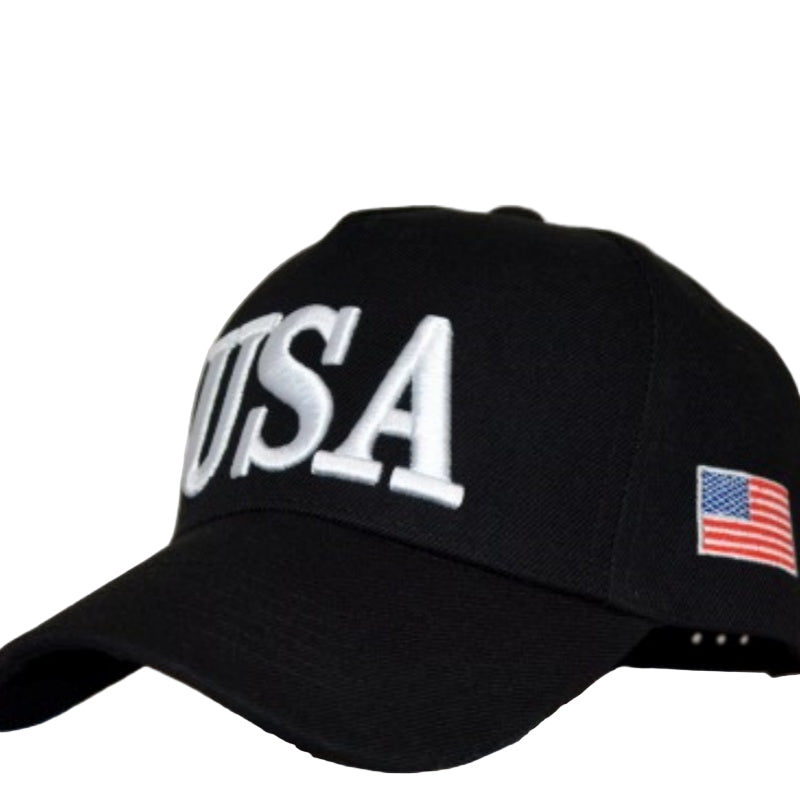 Black cap with 'USA' text and American flag on a gray background