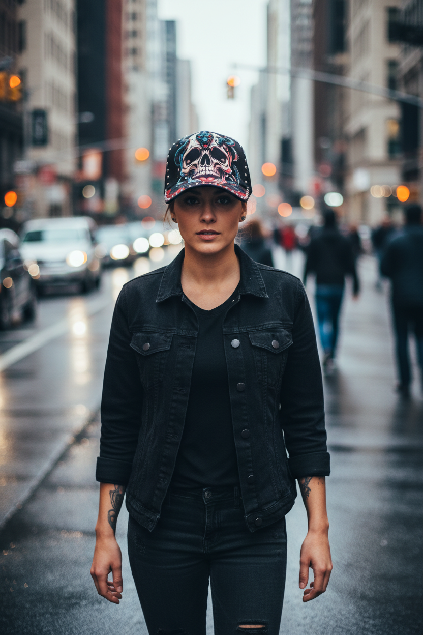Cap with skull and snake design on a white background