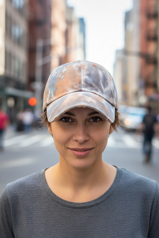 Tie-dye baseball cap shown from multiple angles on a white background