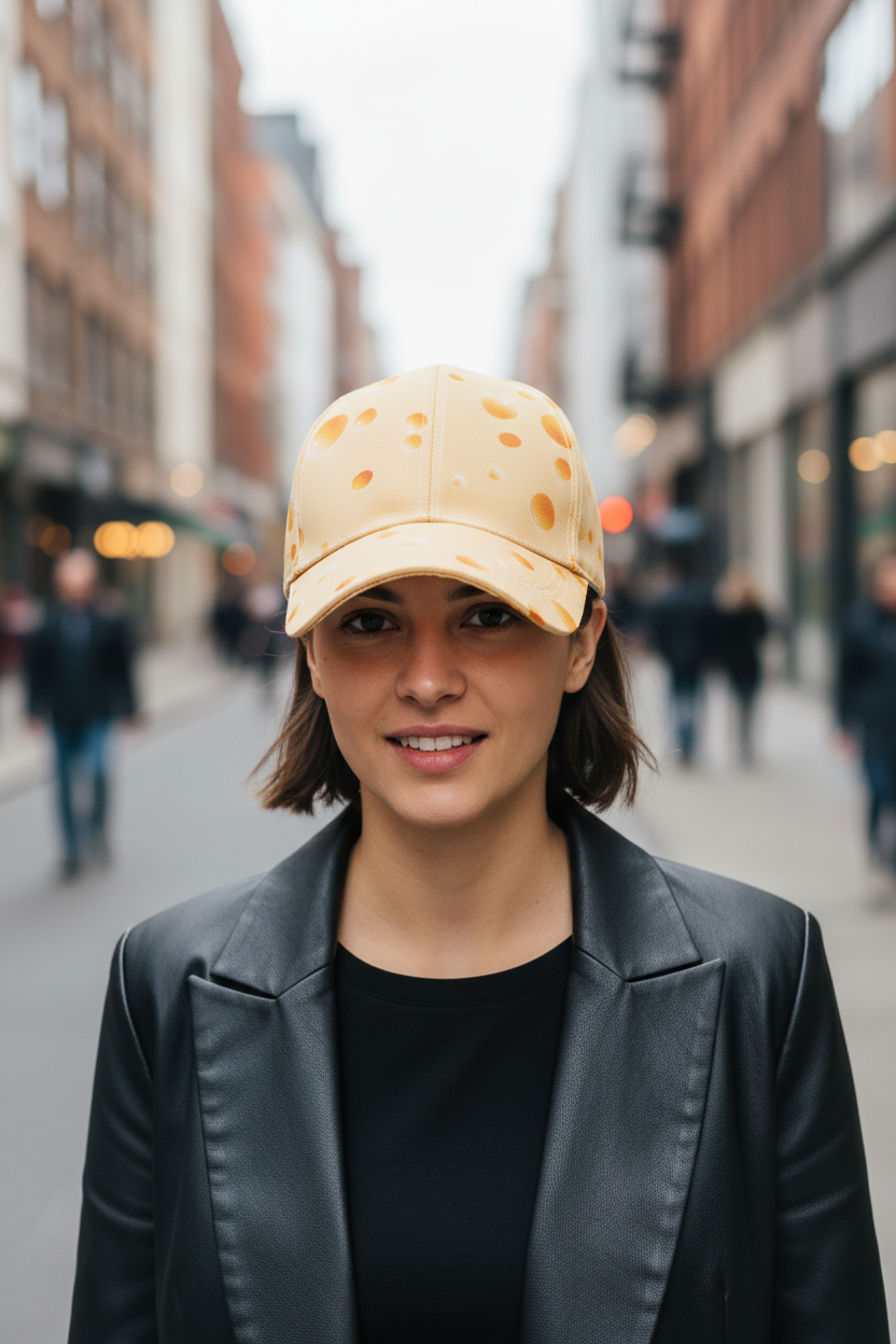 Yellow cap with orange dot pattern on a light gray background