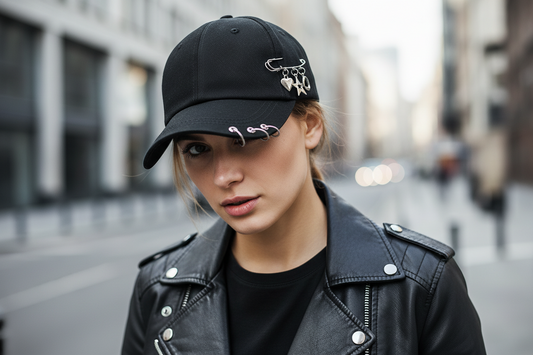 Black baseball cap with metal embellishments on a white background