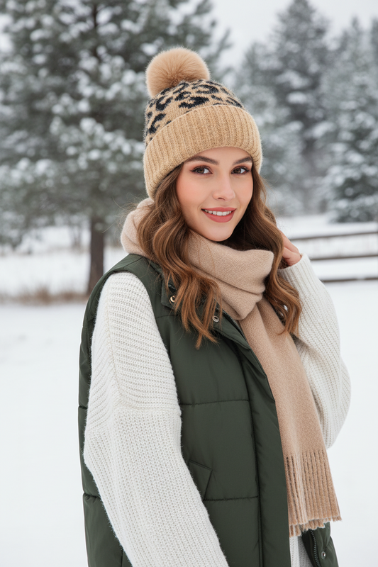 Cheetah Print Acrylic Knitted Hat – Flat Brim, 58cm
