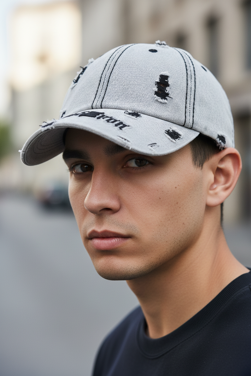 Distressed denim cap with 'Crown Iron' branding on a white background