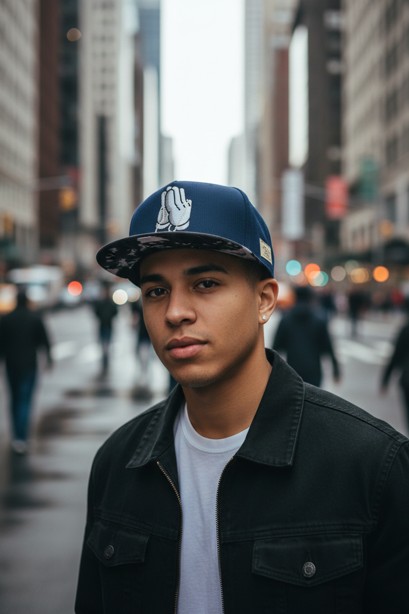 Navy blue cap with white praying hands design on a white background