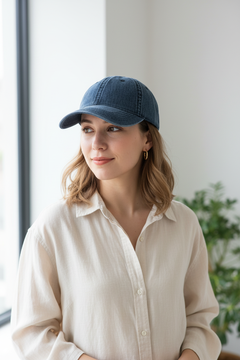 Blue denim cap with a tag on a light gray background