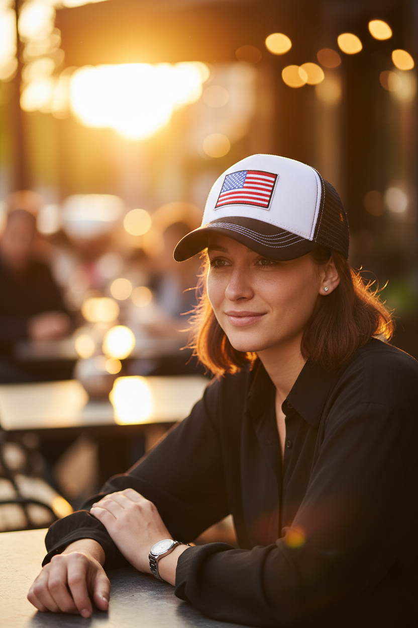 A collection of baseball caps with a prominent American flag patch on the front, available in different colors with either a red or gray brim.