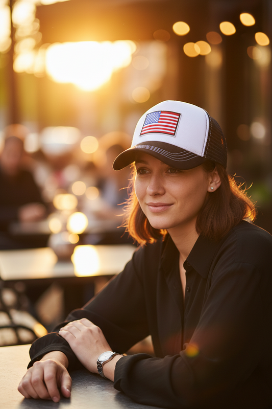 A collection of baseball caps with a prominent American flag patch on the front, available in different colors with either a red or gray brim.