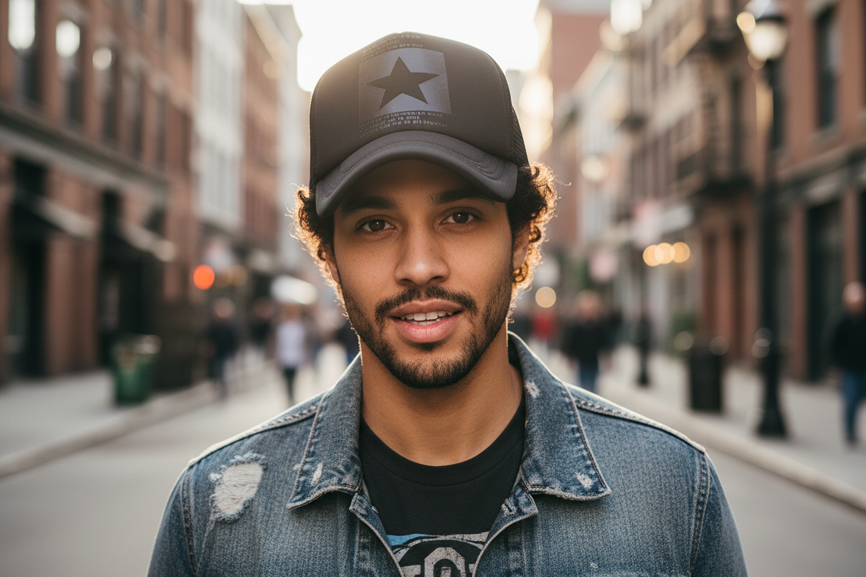 A baseball cap with a five-pointed star pattern on the front, featuring a black brim and white panel with red accents.
