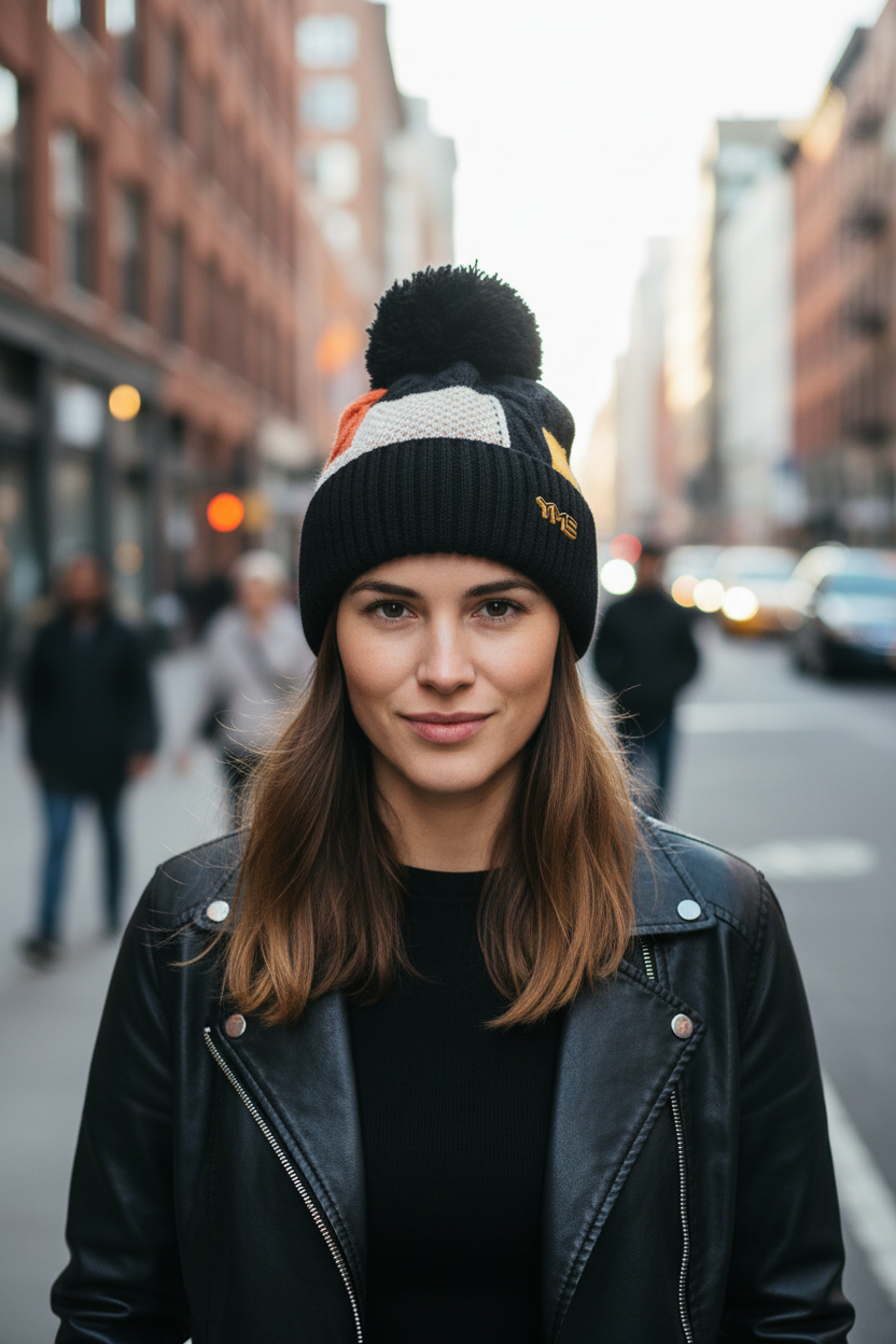 Black knit beanie with colorful accents and a pom-pom on a white background