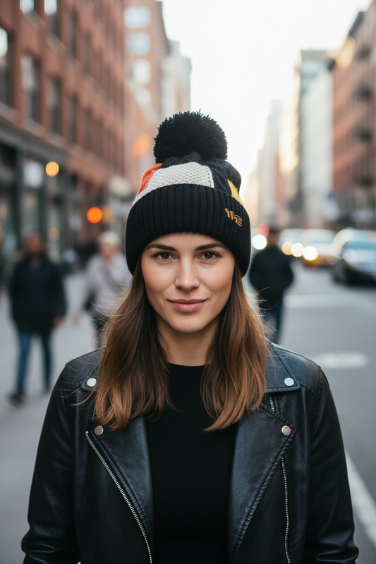 Black knit beanie with colorful accents and a pom-pom on a white background