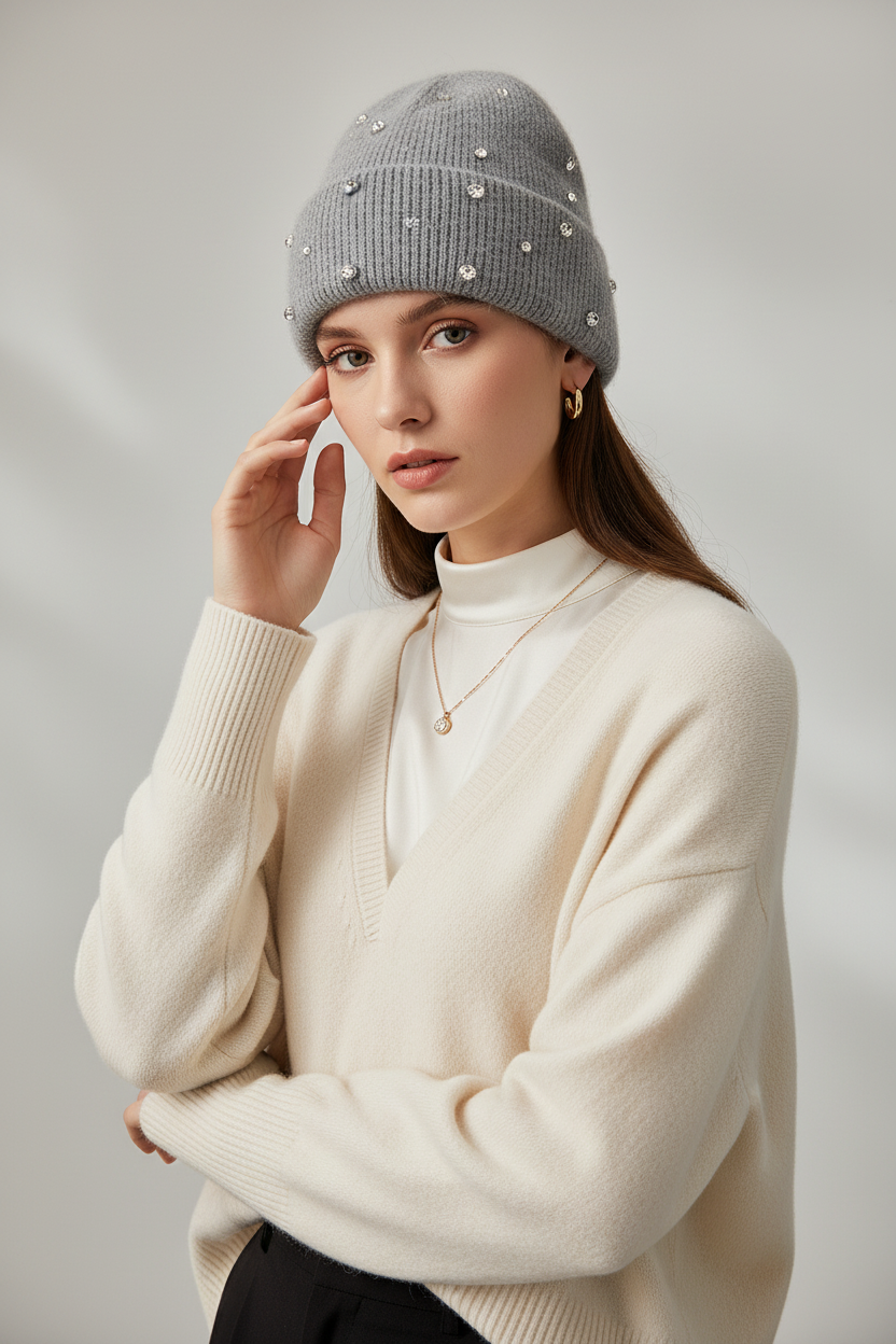 Bedazzled Hand-Embroidered Knit Beanie | Warm Winter Cap
