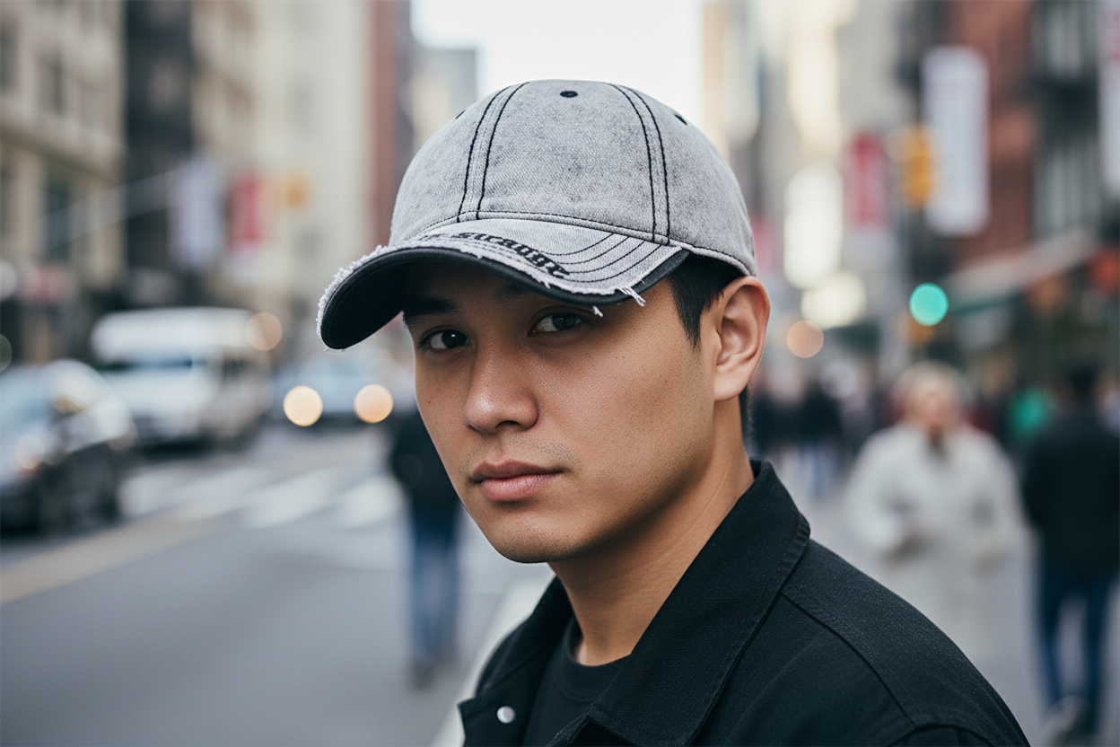 Gray denim cap with 'nothing is strong' embroidery on a white background