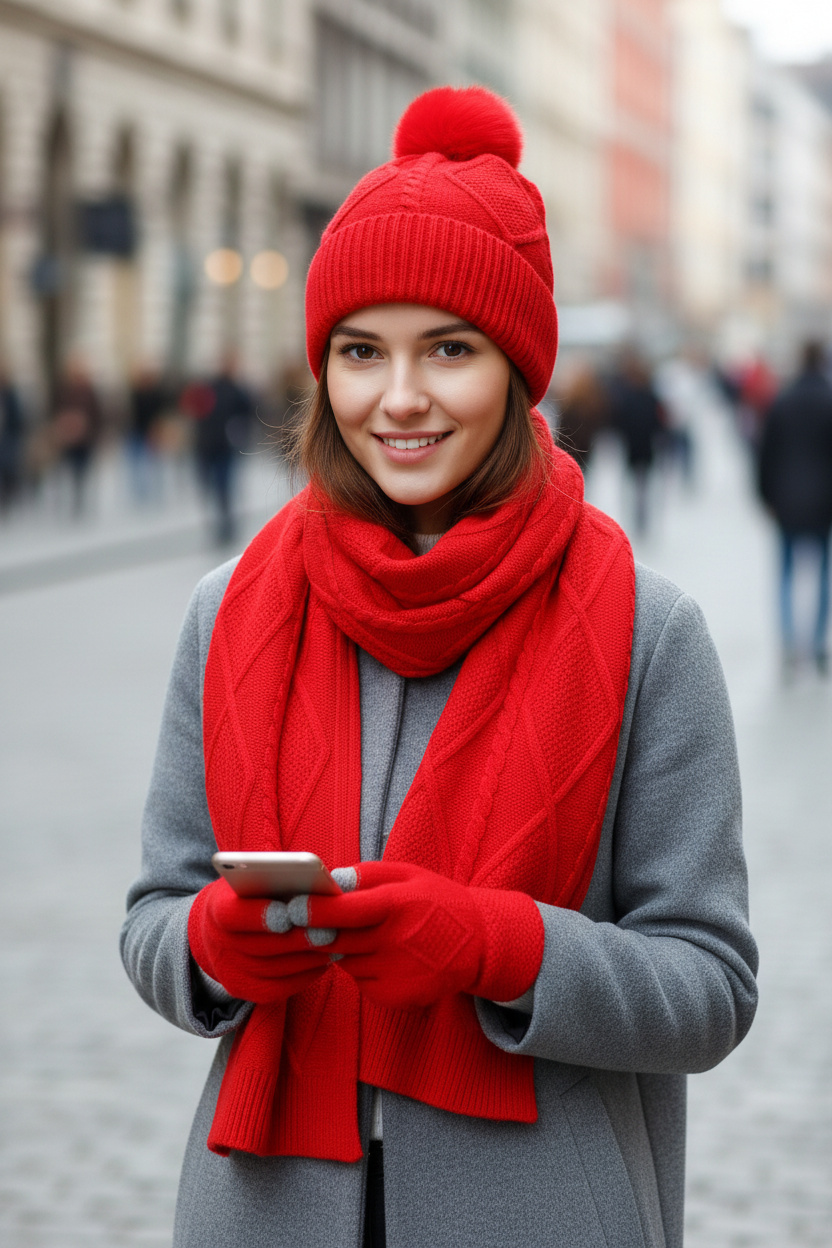 Red knit hat with pom-pom, scarf, and gloves on a white background