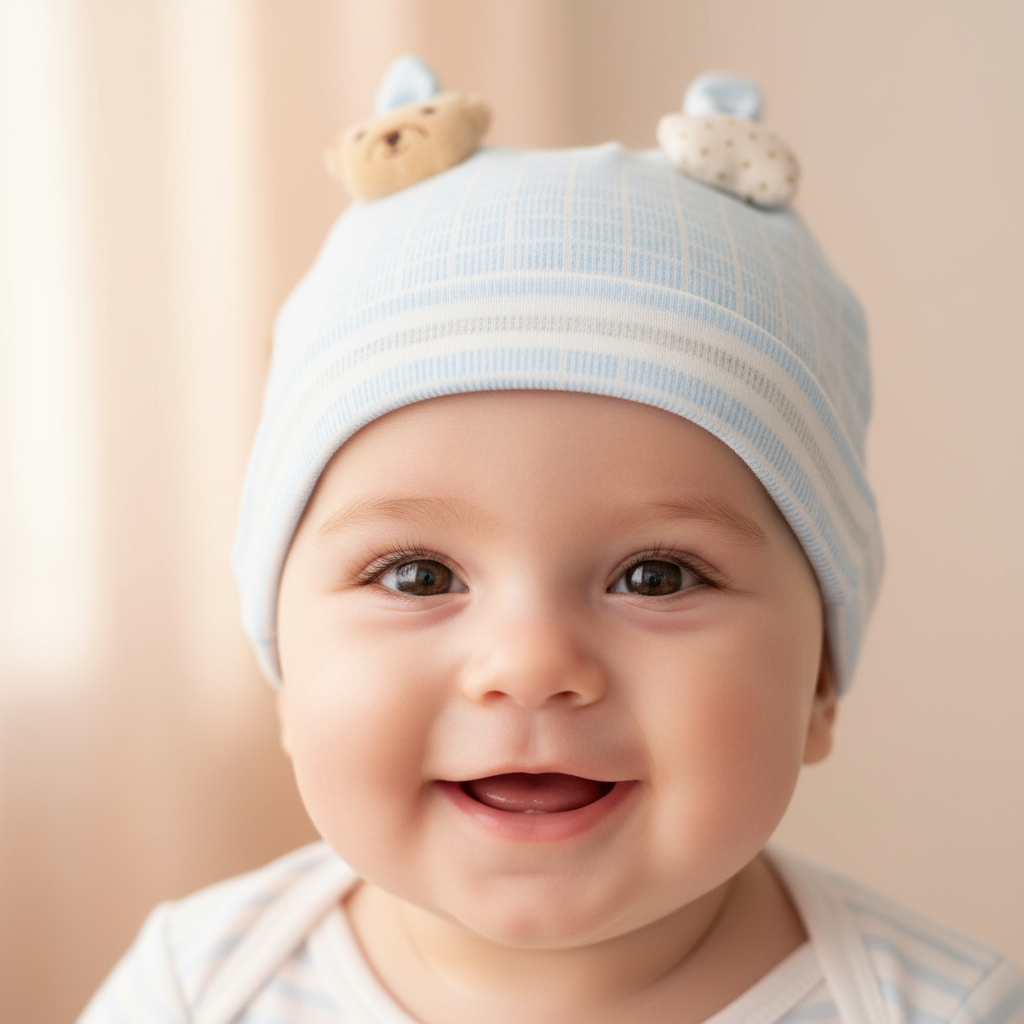 Three baby hats in pink, blue, and white checkered patterns with a decorative element shaped like a bear face attached to the brim.