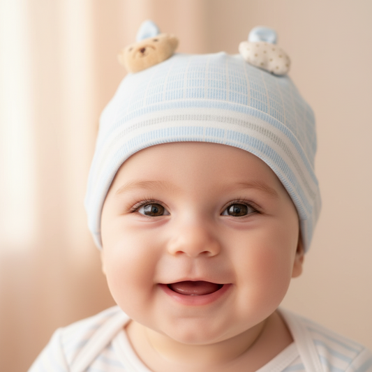 Three baby hats in pink, blue, and white checkered patterns with a decorative element shaped like a bear face attached to the brim.