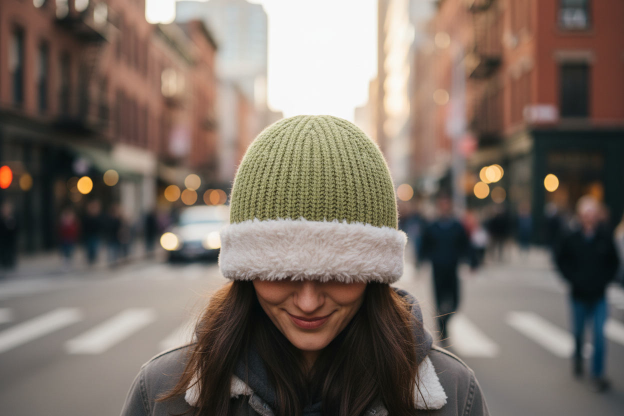Green knit beanie with white fur trim on a gray background