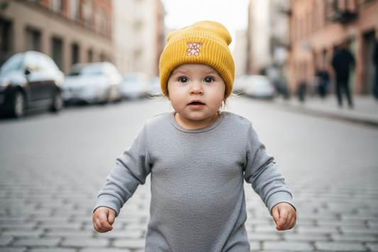 Yellow knit beanie with a teddy bear emblem on a gray background