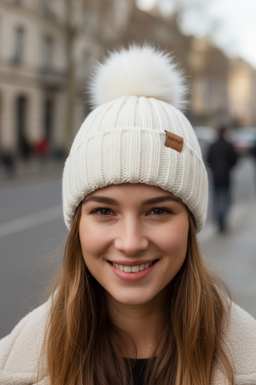 Set of cream-colored knit hat, scarf, and gloves with brown accents on a white background