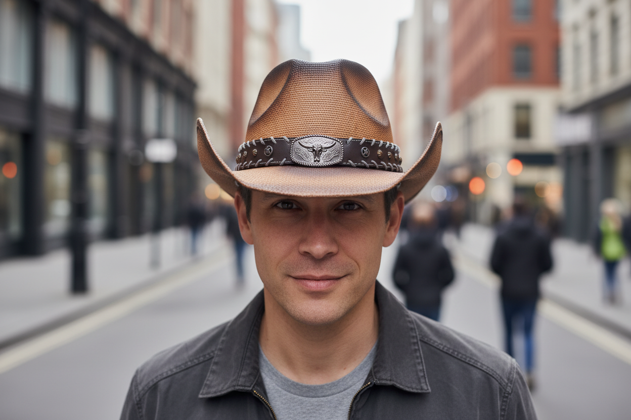 Brown cowboy hat with a decorative band on a white background