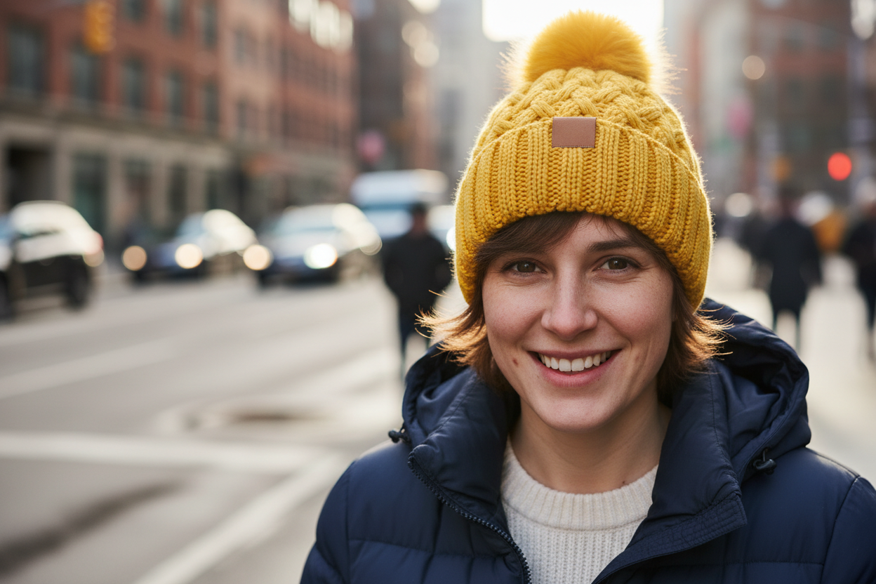 Yellow knitted beanie with a fluffy pom-pom on a white background
