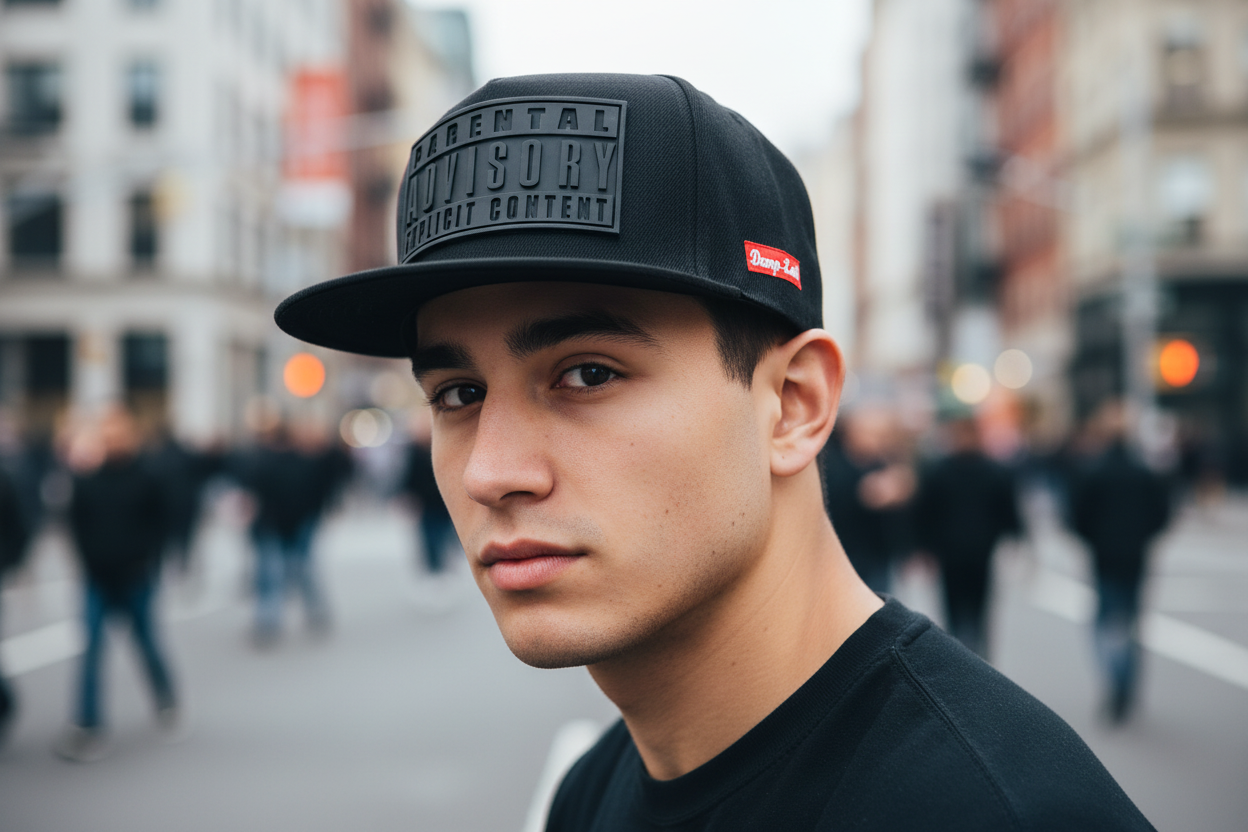 Black cap with 'Parental Advisory Explicit Content' label and red logo on a white background