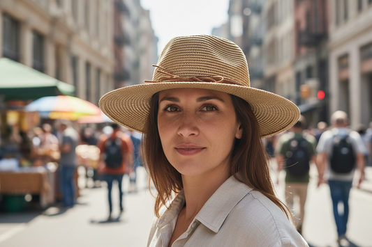 Beige straw hat with a brown band on a white background