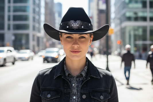 Black cowboy hat with a decorative band featuring a heart design on a white background