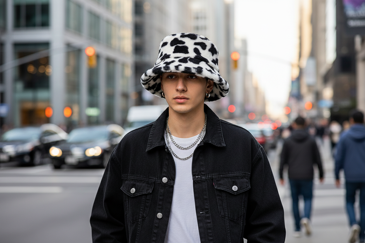 Black and white patterned bucket hat on a white background