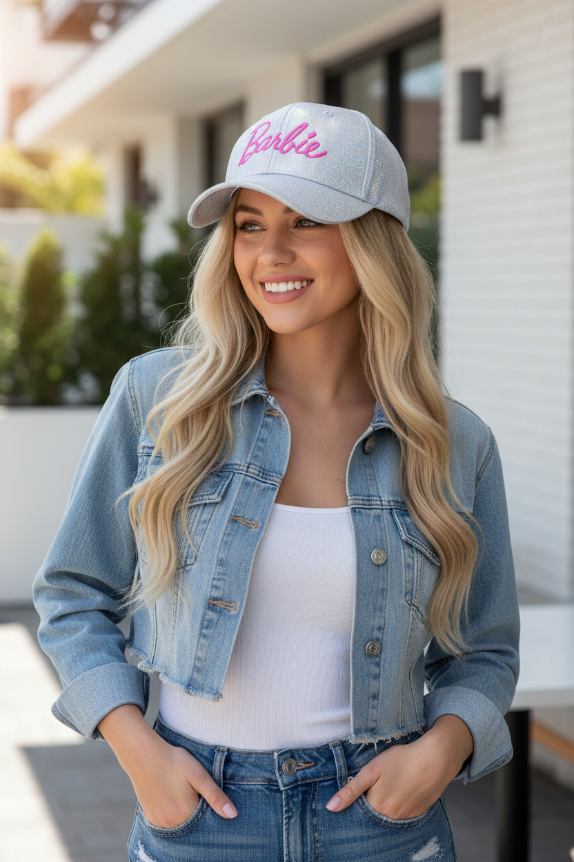Barbie Hat Faux Leather Dome Baseball Cap with Embroidery